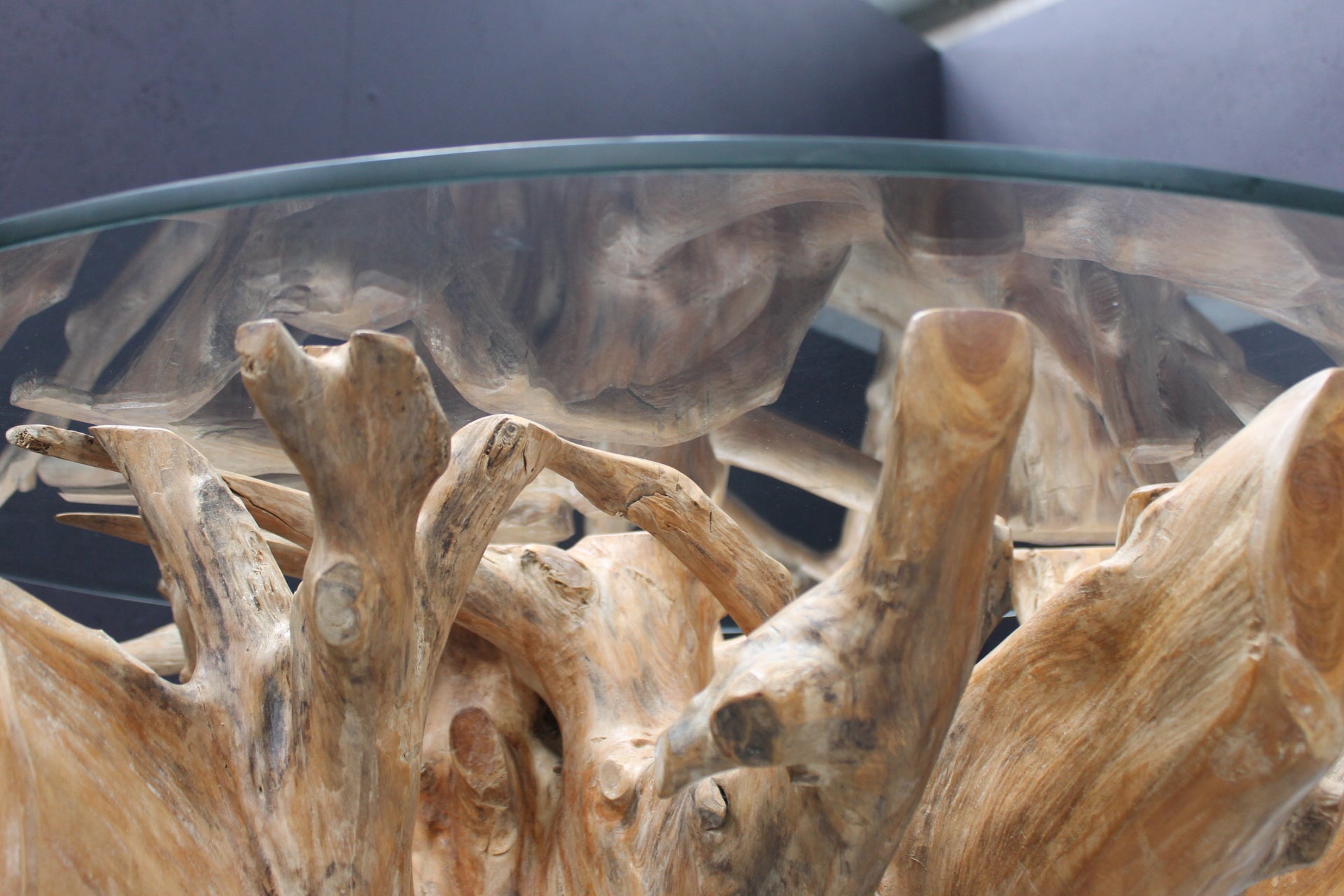Teak Root 1.1m Round Dining Table With Glass Top