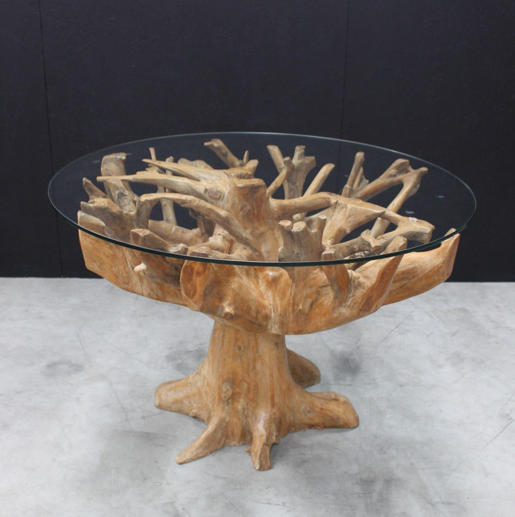 Teak Root 1.1m Round Dining Table With Glass Top