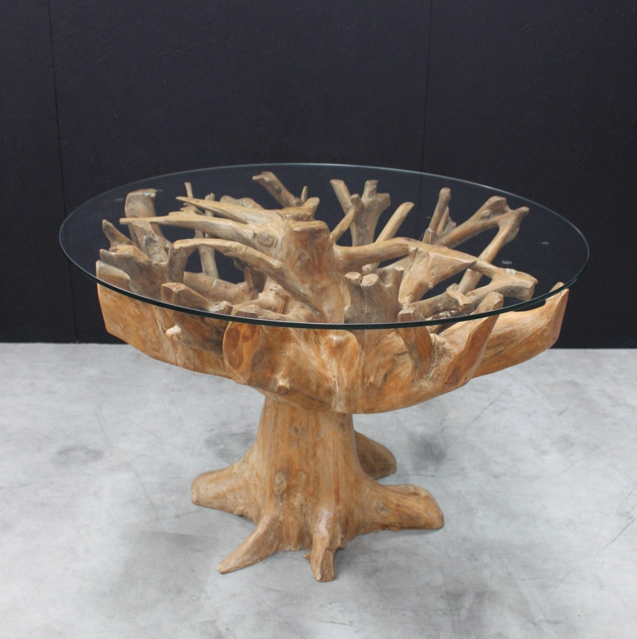 Teak Root 1.1m Round Dining Table With Glass Top