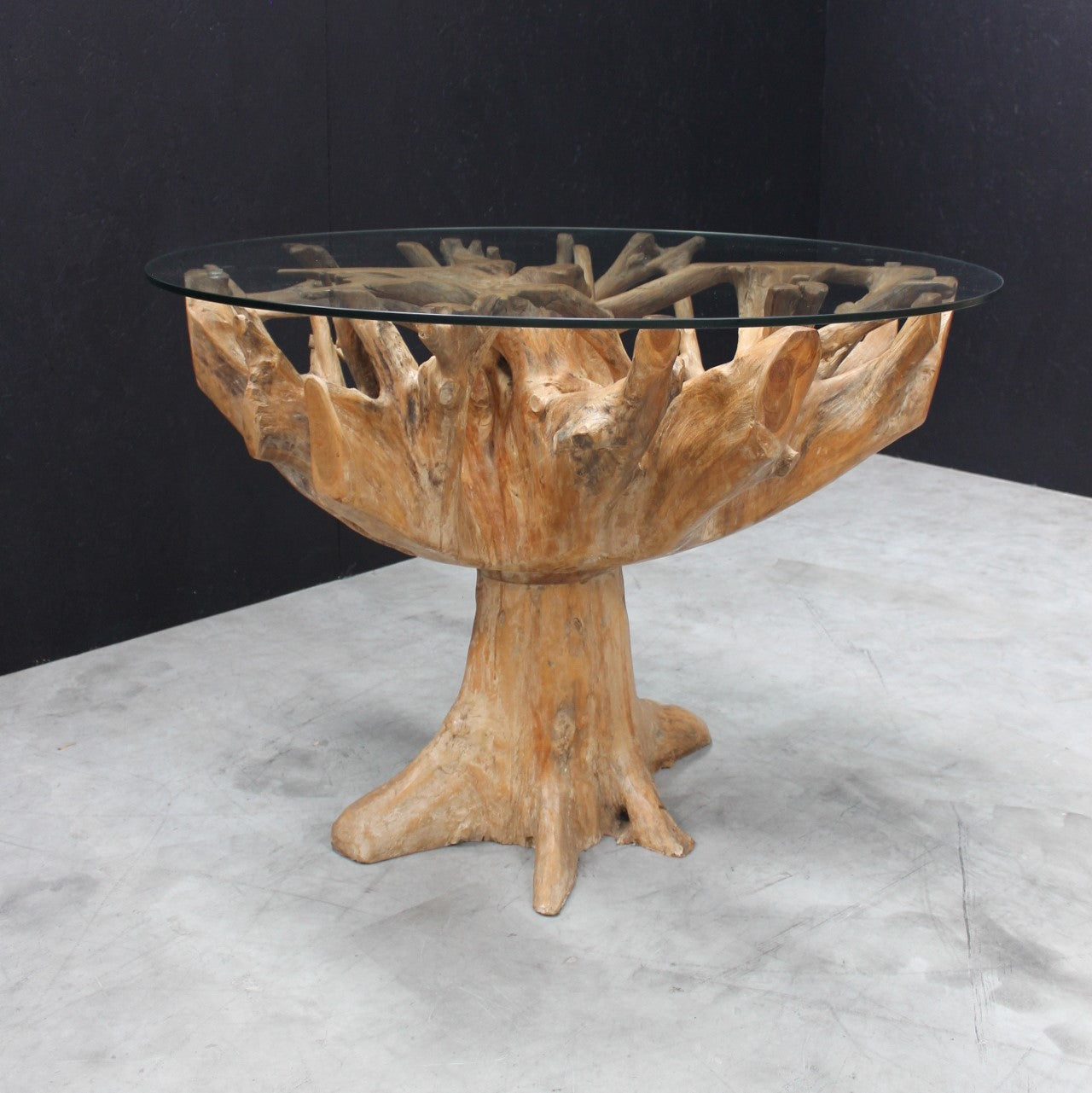 Teak Root 1.1m Round Dining Table With Glass Top