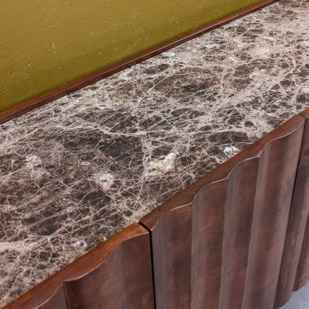Indok Wooden 4 Door Carving Design Marble Top Side Board