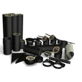 Matte black twin wall flue pipes with silver inner liners, elbow joints, locking bands, and brackets on white background