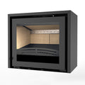 Black wall-mounted fireplace with glass door on a white background