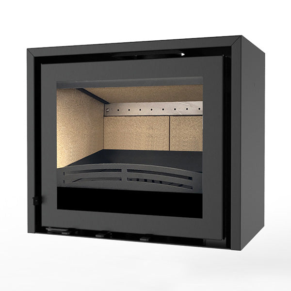 Black wall-mounted fireplace with glass door on a white background