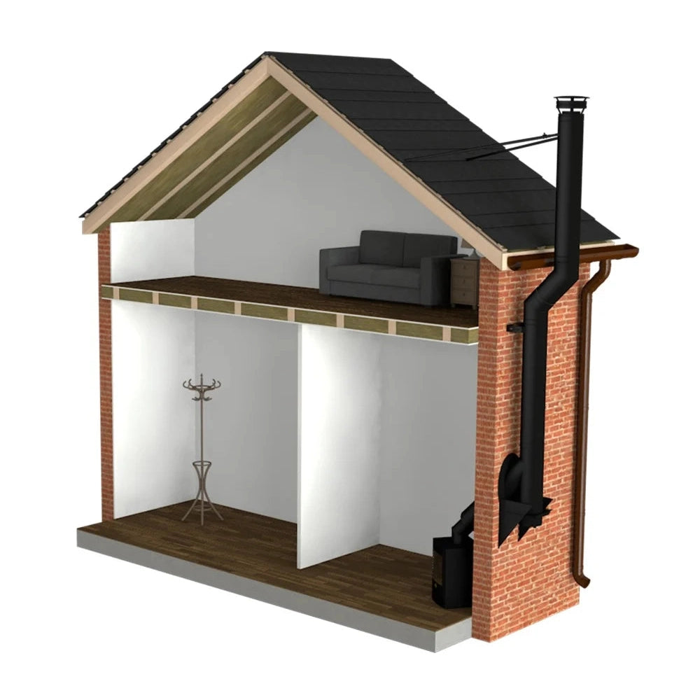 3D cutaway of black external flue system passing through brick wall and roof peak of two-story house