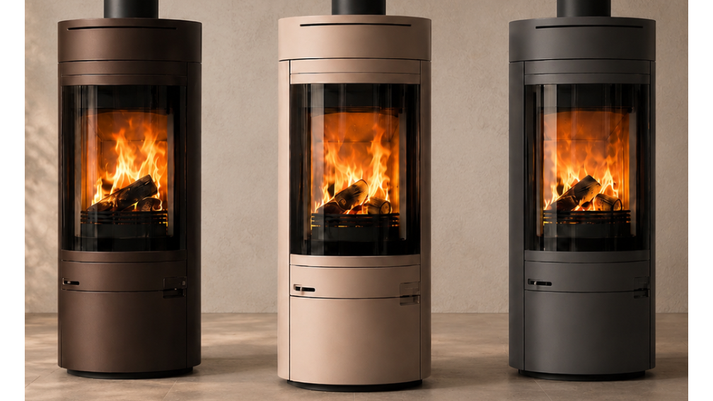 Three matte finish cylindrical stoves side-by-side showing bronze, rose-gold, and grey options