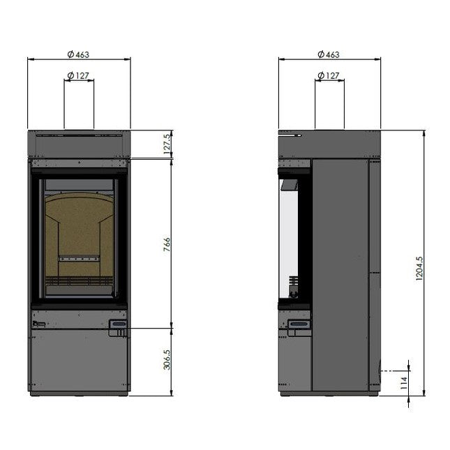 Technical CAD line drawing of cylindrical stove dimensions including front and side elevations