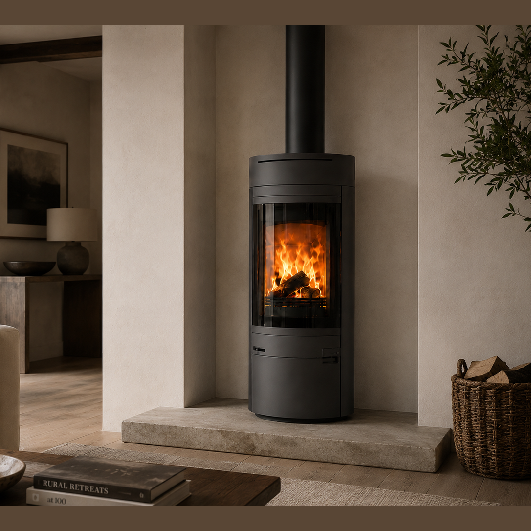 Black round wood burner in alcove with concrete hearth and wicker firewood basket nearby