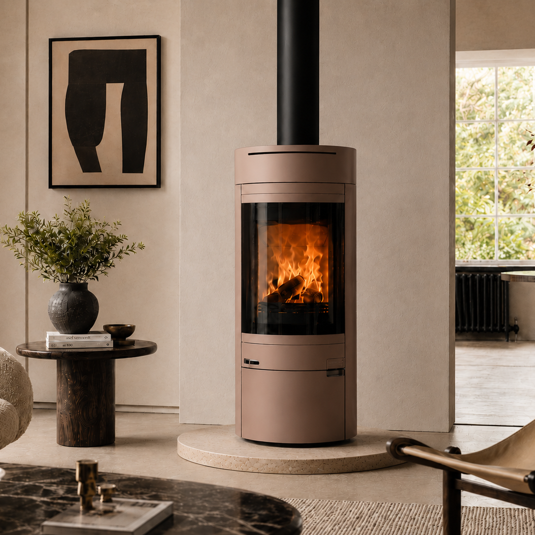 Matte rose-gold cylindrical stove with curved glass fire window on stone plinth beside greenery