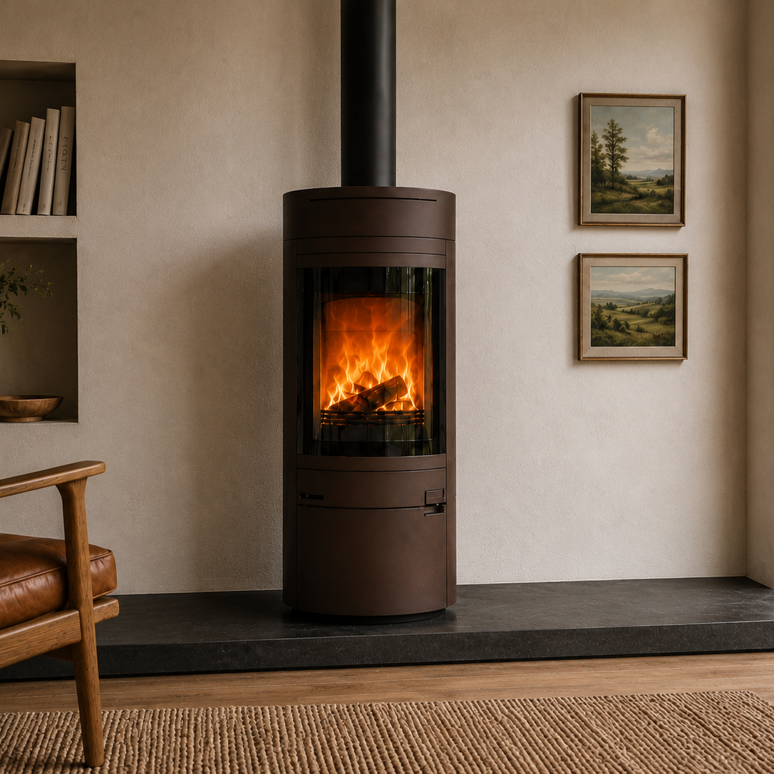 Bronze cylinder stove with arched glass door on slate hearth next to leather armchair